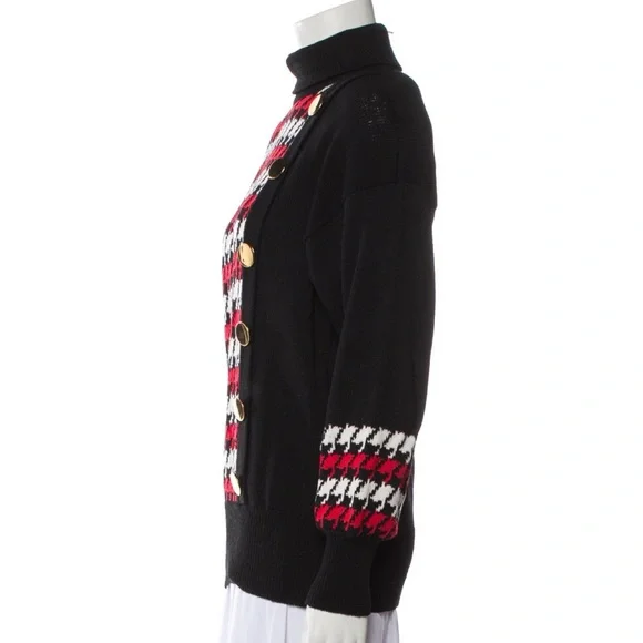 Vintage 80s Lillie Rubin Turtleneck Sweater Houndstooth Black Red Gold Buttons S